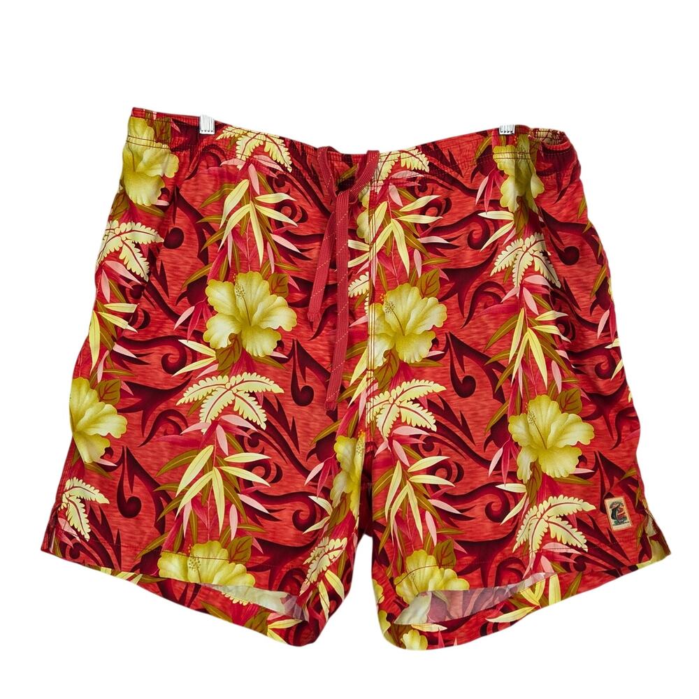 Tommy Bahama Men 2X Swim Trunks Red Yellow Hawaiian Tropical Mesh Line Beachwear